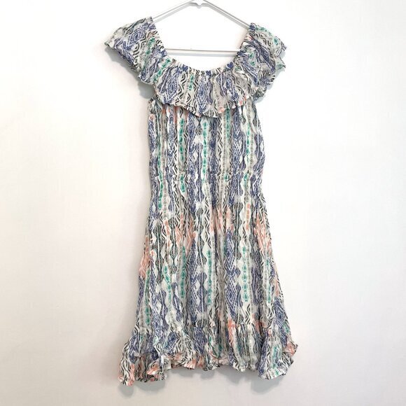 NEW NWT CHELSEA & THEODORE Flounce off the Shoulder Dress White Aztec Boho Mini - Picture 11 of 14